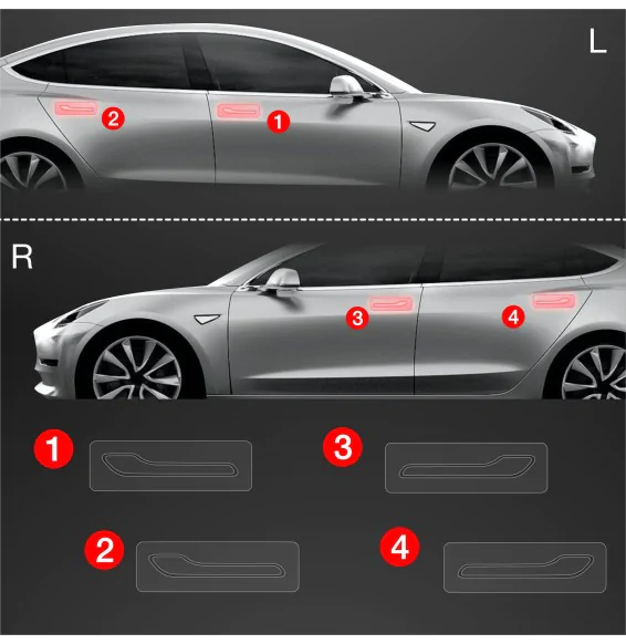 Dørhåndtakbeskyttere Tesla Model 3 2017 - 2023 │ PPF beskyttelsesfolie Gjennomsiktig BodyShield – bilde 2