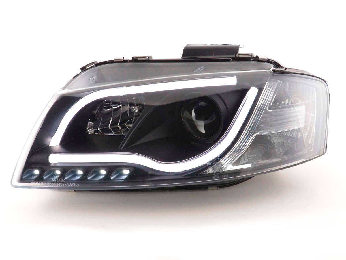 Frontlykter AUDI A3 (8P) 2003-2008 LED TUBE LIGHTS BLACK TRU DRL