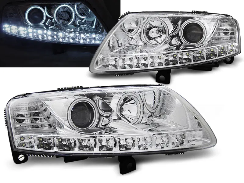 Frontlykter AUDI A6 (C6) 2004-2008 ANGEL EYES LED CHROME