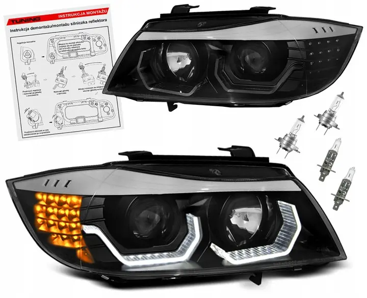 Frontlykter BMW 3 (E90/E91) 2004-2008 ANGEL EYES LED 3D BLACK SELGES UTEN GARANTI