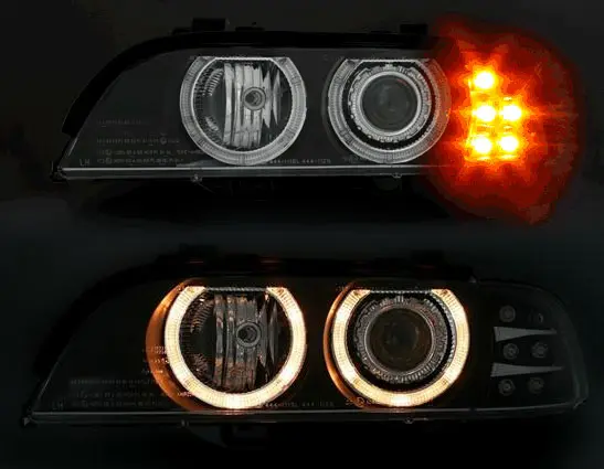 Frontlykter BMW 5 (E39) 1995-2003 ANGEL EYES BLACK LED INDICATOR – bilde 5