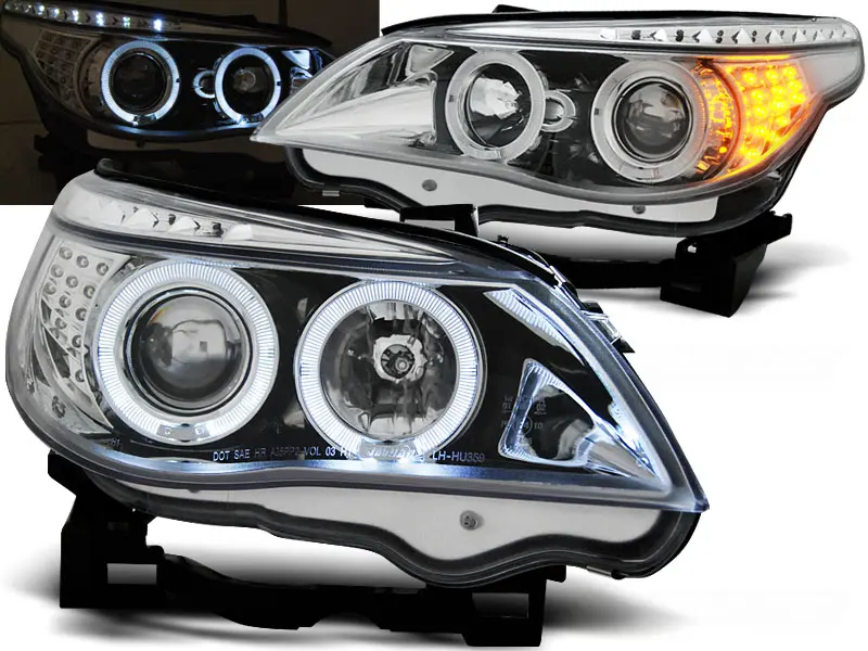 Frontlykter BMW 5 (E60/E61) 2003-2007 ANGEL EYES CHROME LED INDICATOR