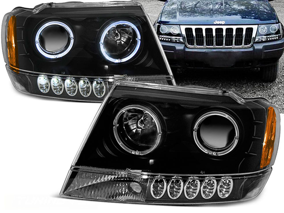 Frontlykter CHRYSLER JEEP GRAND CHEROKEE 1999-2005 ANGEL EYES BLACK