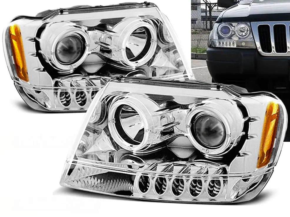 Frontlykter CHRYSLER JEEP GRAND CHEROKEE 1999-2005 ANGEL EYES CHROME