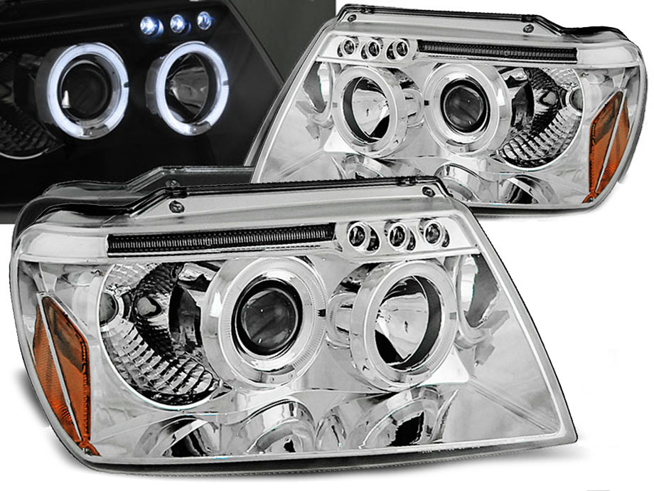 Frontlykter CHRYSLER JEEP GRAND CHEROKEE 1999-2005 ANGEL EYES CHROME
