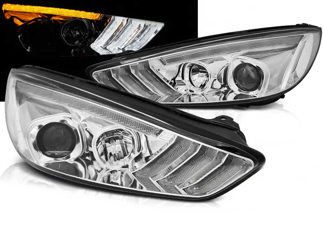 Frontlykter FORD FOCUS (MK3) 2015-2018 CHROME DRL LED SEQ INDICATOR