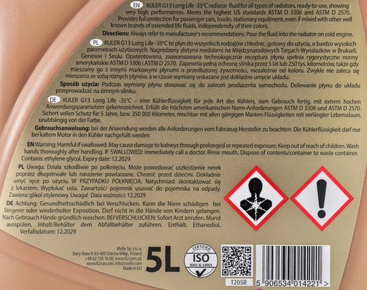 Frostvæske K2 Kuler G13 -35°C Rosa │ Ferdigblandet Kjølevæske Antifreeze Mixed Antifreeze Coolant Long Life Pink - 5L Image 2