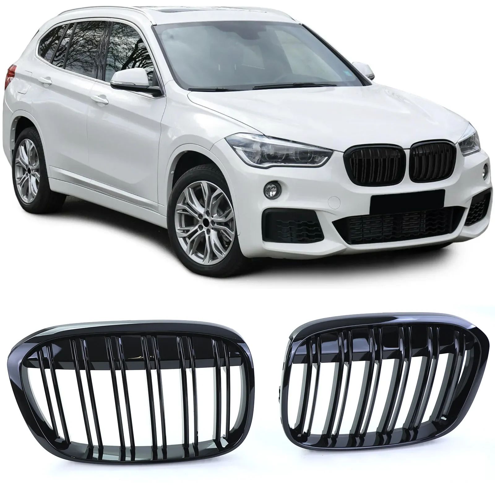 Grill BMW X1 (F48) 2015–2020 │ Sportsgrill M Performance-stil - svart høyglans double bar – bilde 3