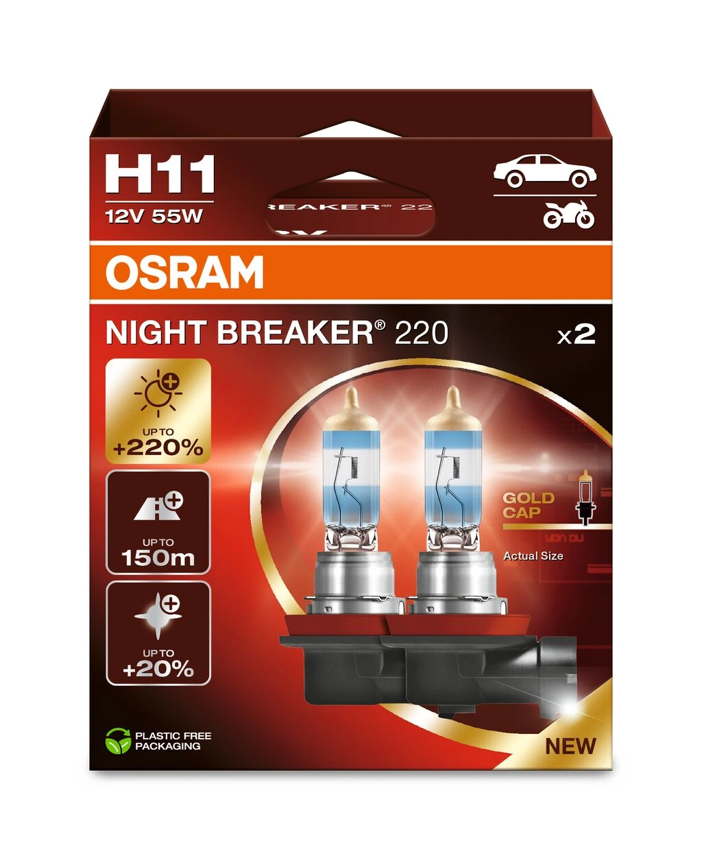 Halogenpære H11 Osram Night Breaker +220% │ ECE-godkjent - sett 2 stk.