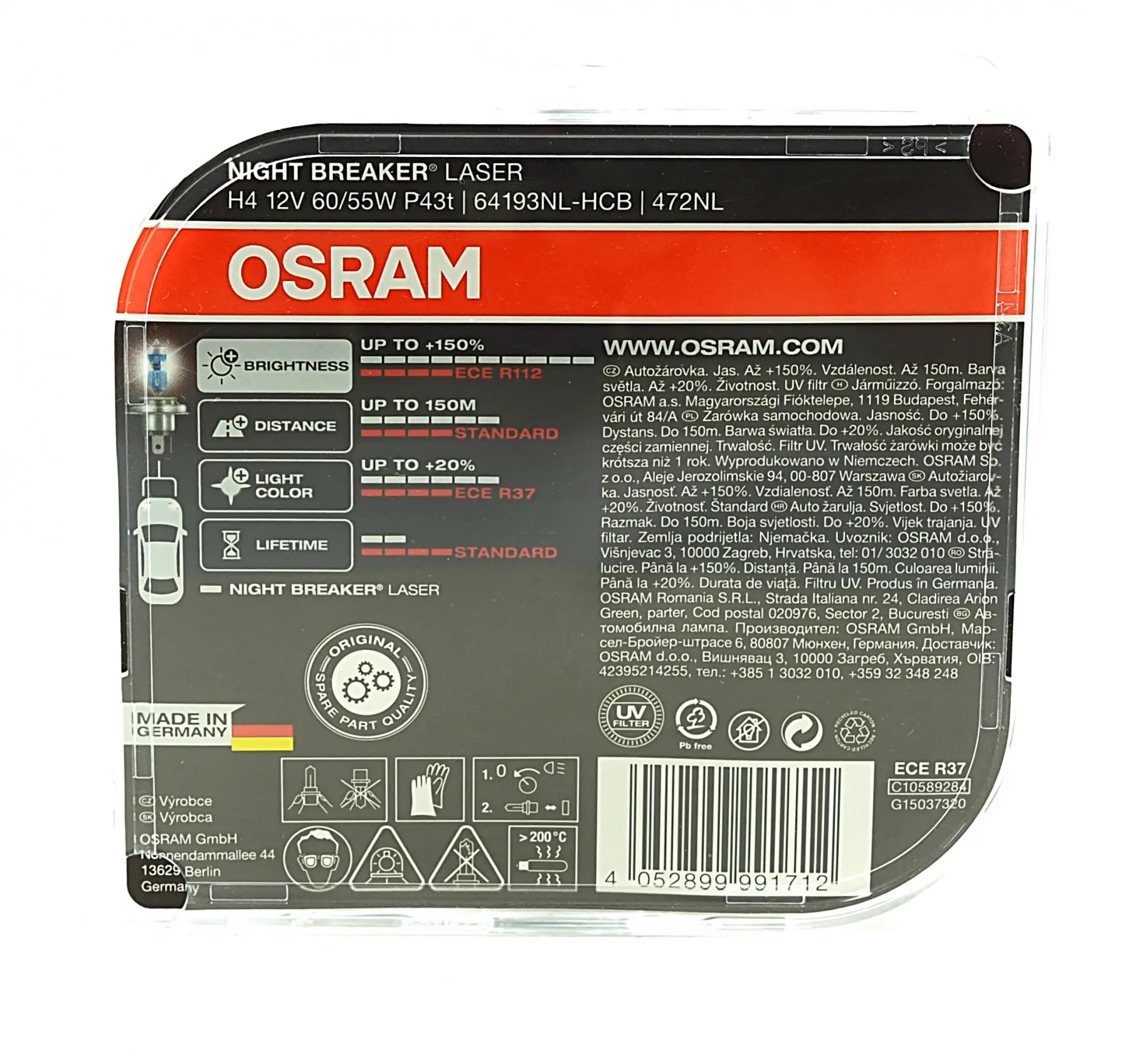 Halogenpære H4 Osram Night Breaker Lazer +150% - sett 2 stk. – bilde 4