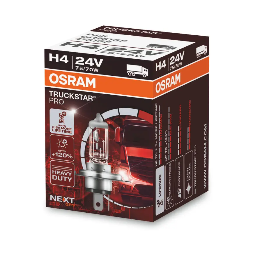 Halogenpære H4 Osram Truckstar Pro  24V +120% - 1 stk.