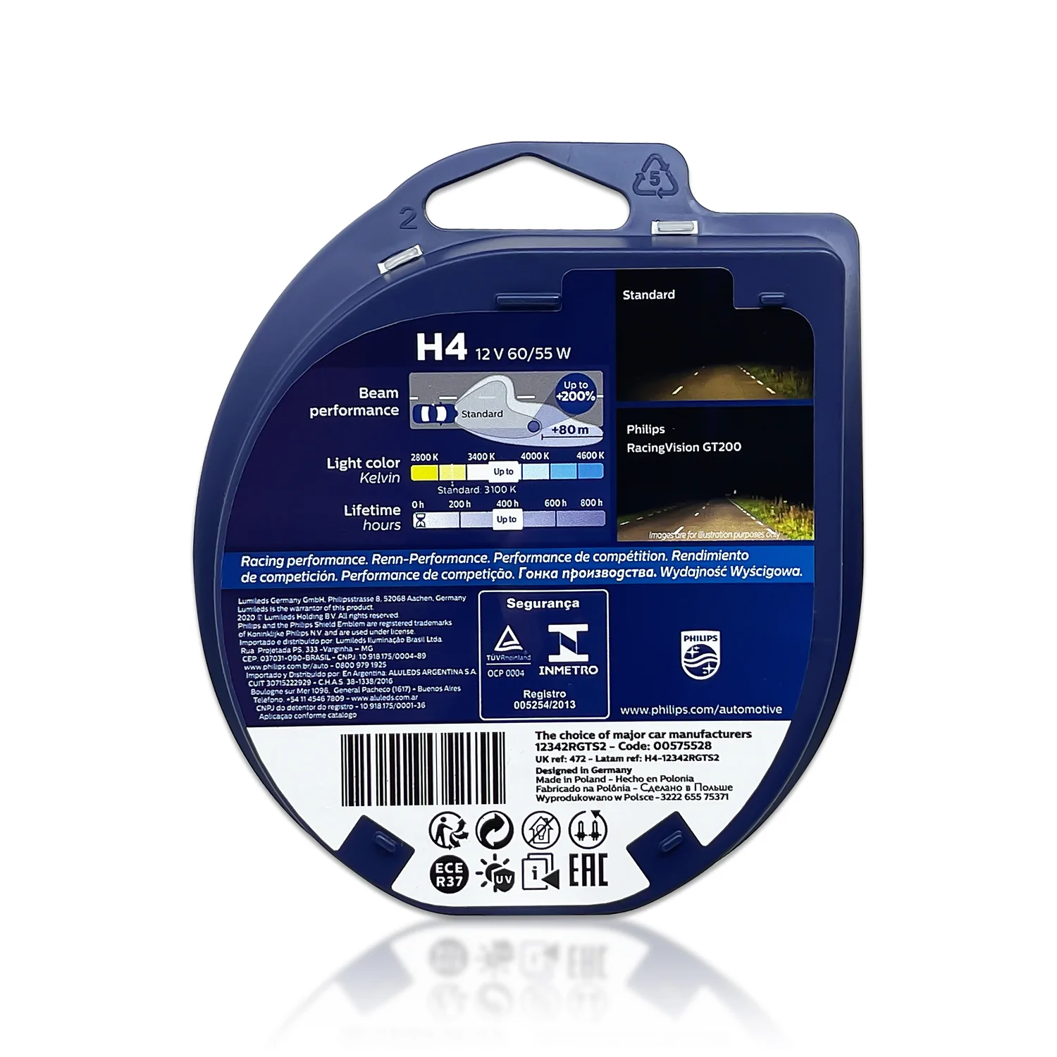 Halogenpære H4 Philips RacingVision GT200 +200% - sett 2 stk. – bilde 7