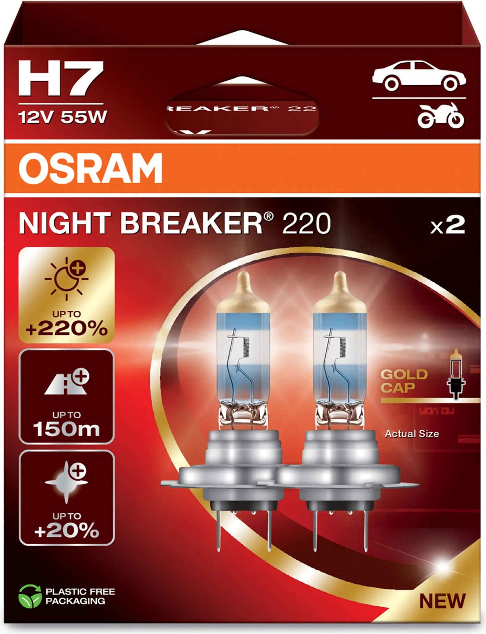 Halogenpære H7 Osram Night Breaker +220% │ ECE-godkjent - sett 2 stk.
