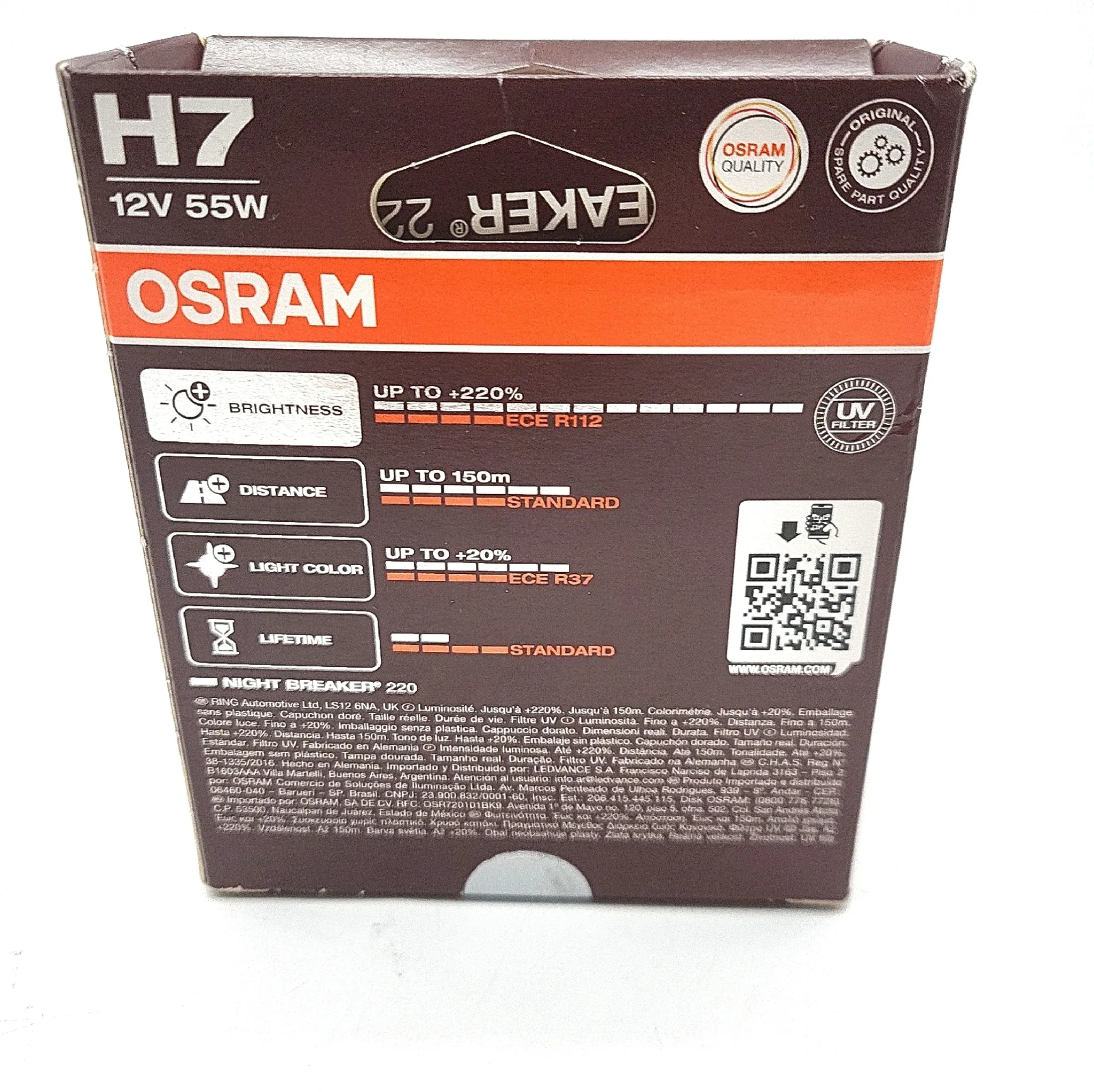 Halogenpære H7 Osram Night Breaker +220% │ ECE-godkjent - sett 2 stk. – bilde 2