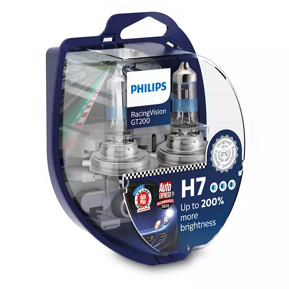 Halogenpære H7 Philips RacingVision GT200 +200% - sett 2 stk.