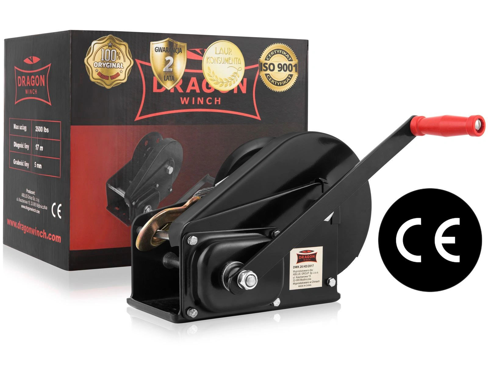 Håndvinsj Dragon Winch 1200 kg │ stålwire 17 m - med sveiv – bilde 2