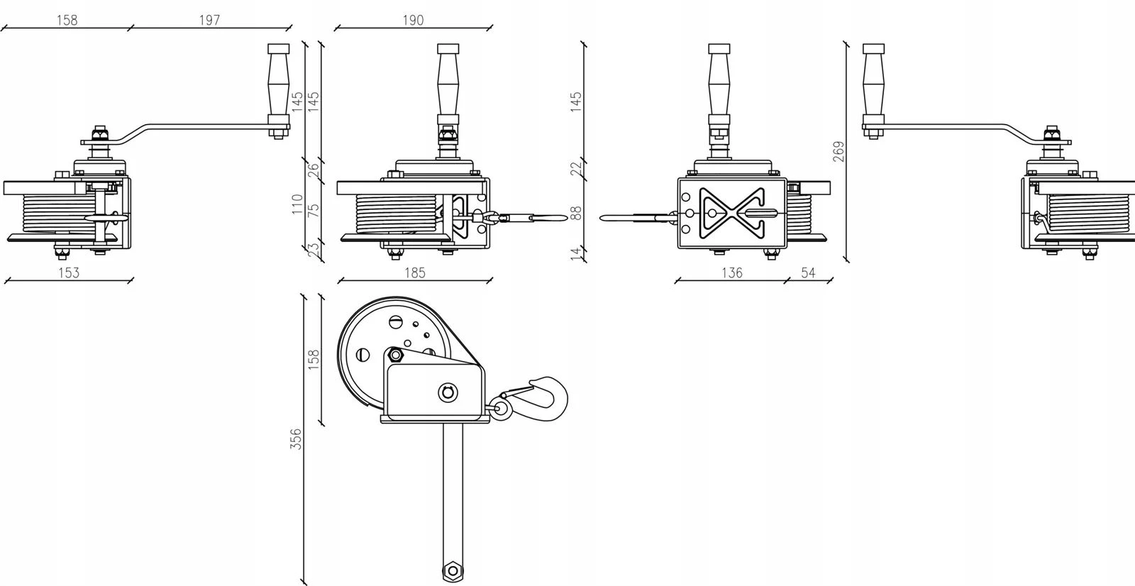 Håndvinsj Dragon Winch DWK-O 1200 HD med stålline trekkraft på 540 kg og 10 m stålline – bilde 4