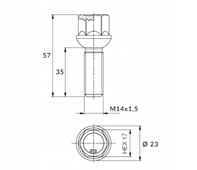 Hjulbolt Svart Kulekon M14x1.5 35mm 17mm - 1 stk. Image 3