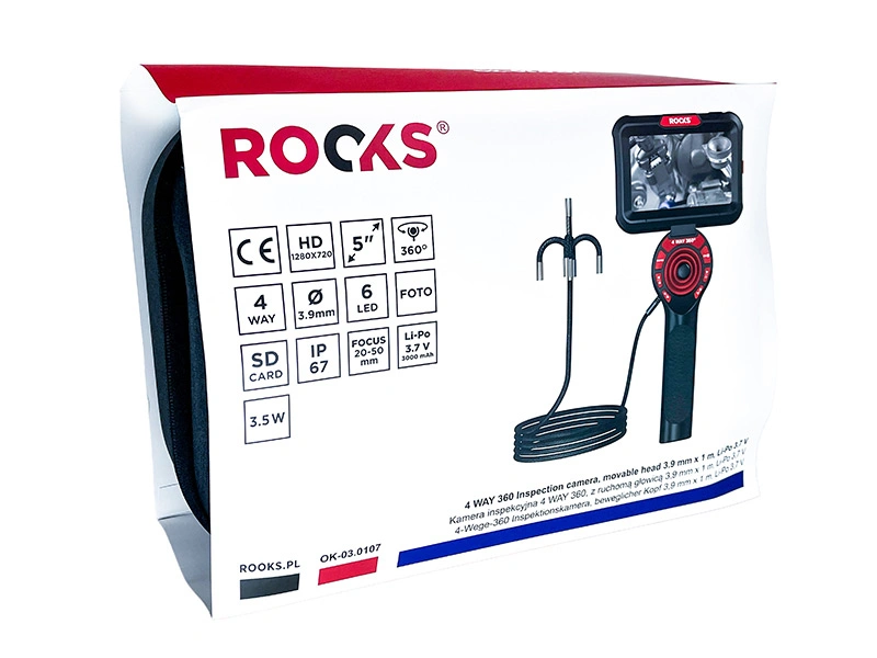 Inspeksjonskamera 4 WAY 360 med bevegelig kamerahode 3,9 mm x 1 m, Li-po 3,7V ROOKS OK-03.0107 – bilde 12