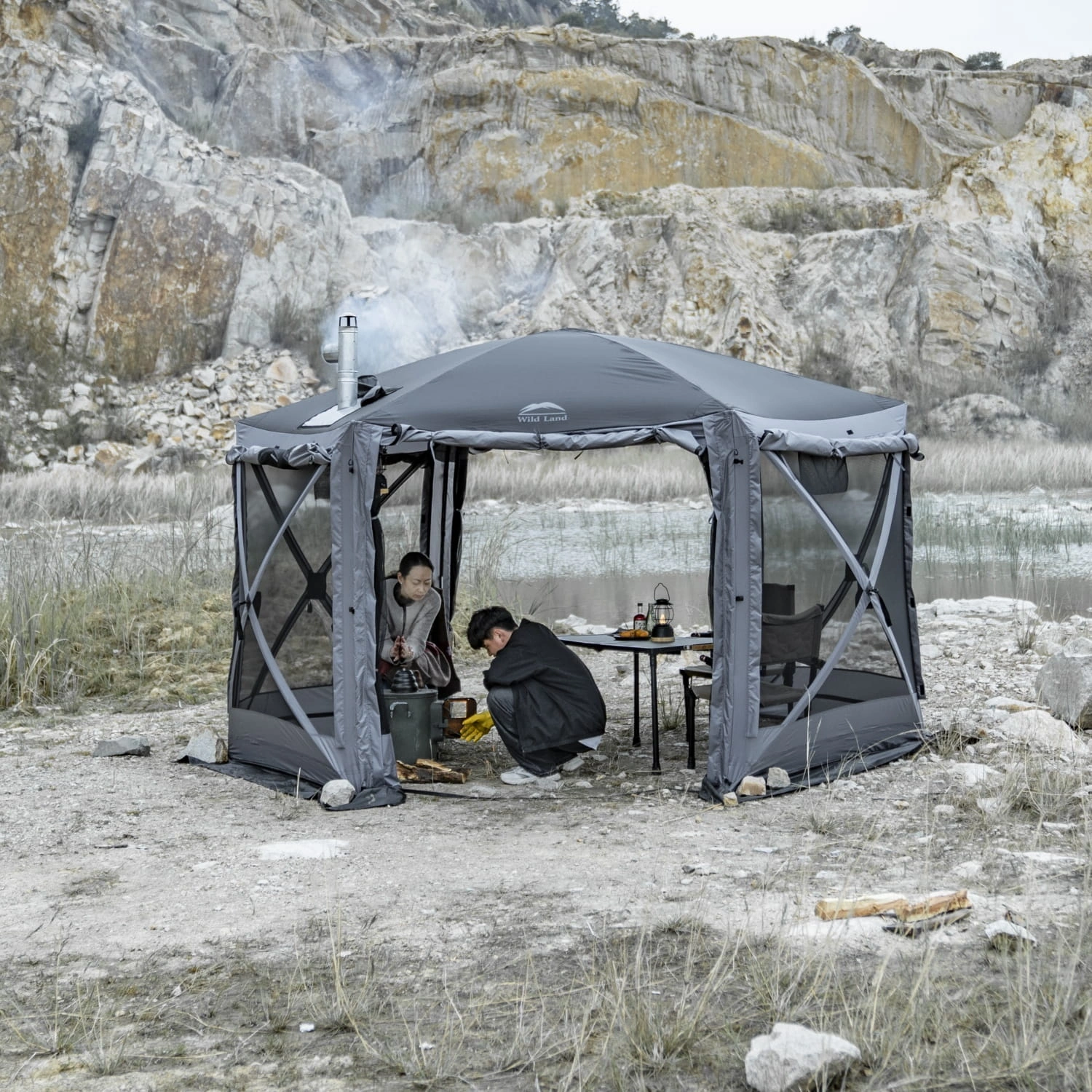 Jurte Wild Land Hex 600 Lux - sekskantet skjermtelt 6-10 personer - Grå - Svart – bilde 3