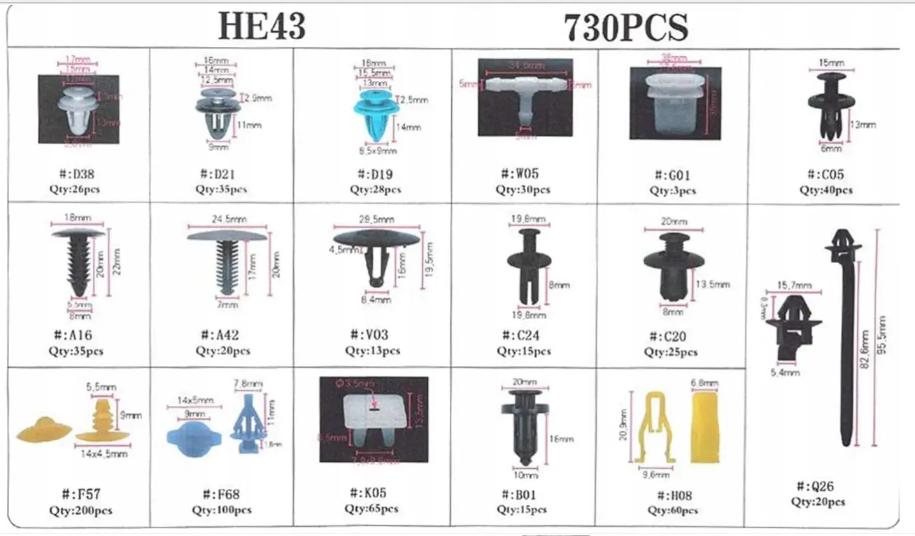Karosseriklips Universal │ Klips til karosseri, festedeler, interiørklips og plastskruer  - sett 730 stk. Image 2