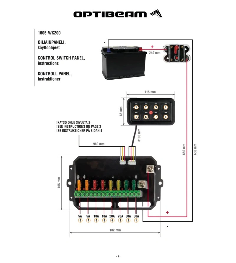 Kontrollboks Optibeam Control Panel 1605 – 4.5" / 11.5 cm – 12–24V – 60A │ Lyskontrollenhet 8-knapps bryterpanel – bilde 8