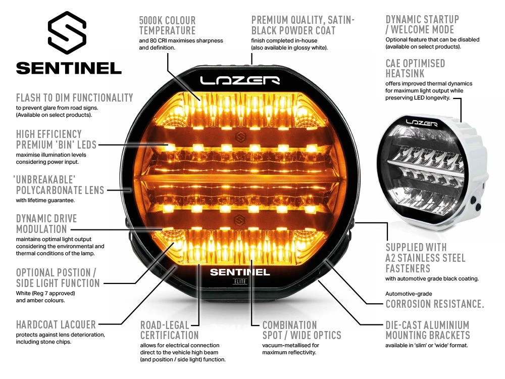 LED fjernlys Lazer Sentinel 9 Highline Gen2 9" LED ekstralys – Sort, posisjonslys hvit/amber, med varsellys – bilde 6