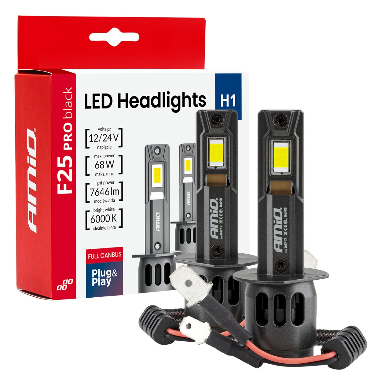 LED Pære H1 Amio F25 Pro Black Series 6000K │ Full CANbus Plug&Play EasyFit 68W - 7646 lm  - sett 2 stk.