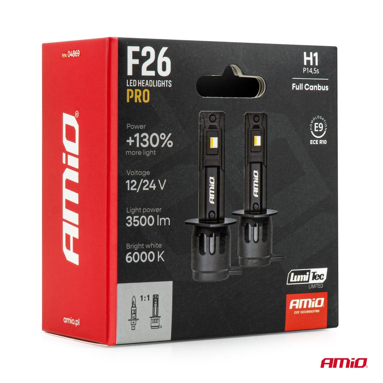 LED Pære H1 Amio F26 Pro LumiTec LIMITED +130% DUO 6000K │ Full CANbus Plug&Play 68W  - sett 2 stk. – bilde 7