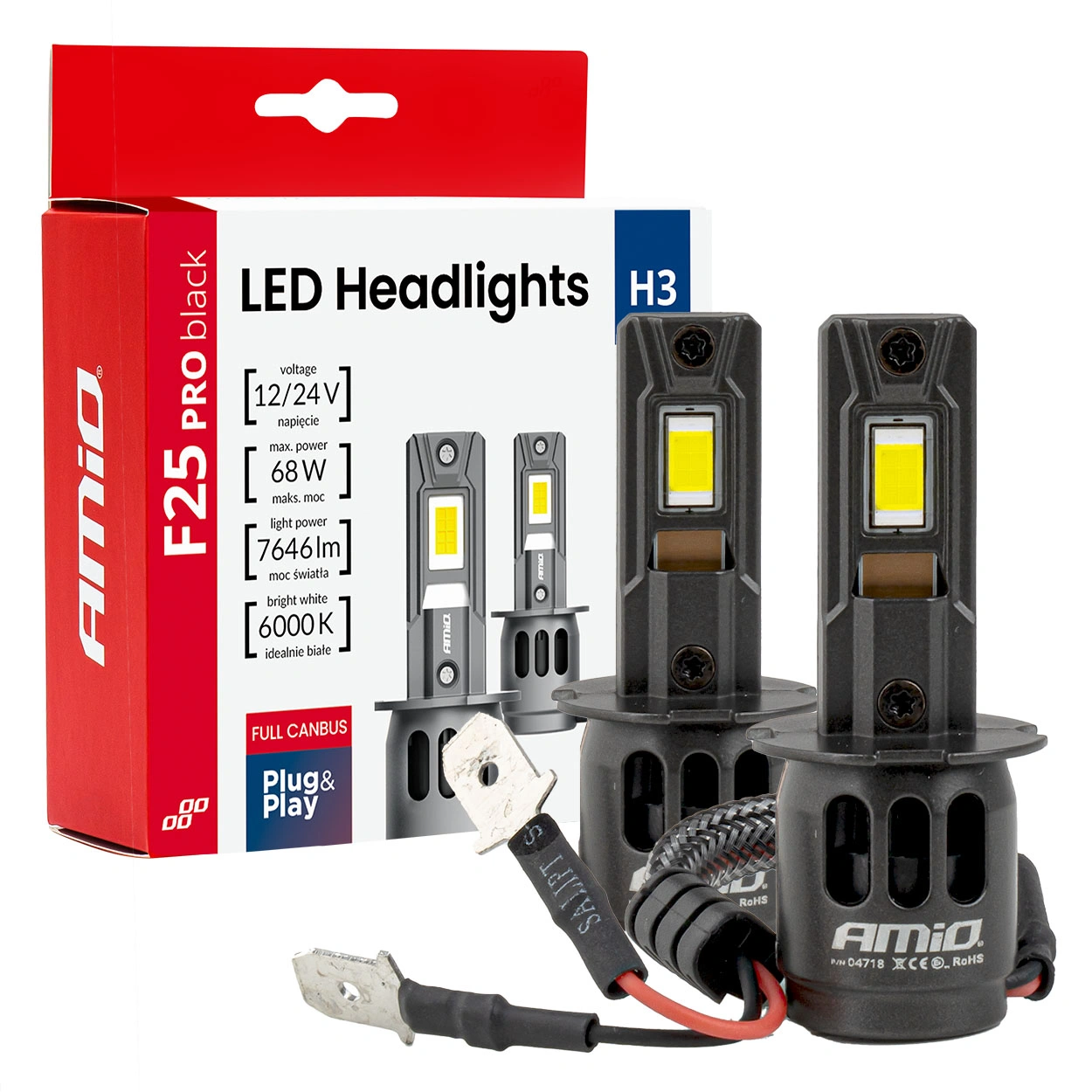 LED Pære H3 Amio F25 Pro Black Series 6000K │ Full CANbus Plug&Play EasyFit 68W - 7646 lm  - sett 2 stk.