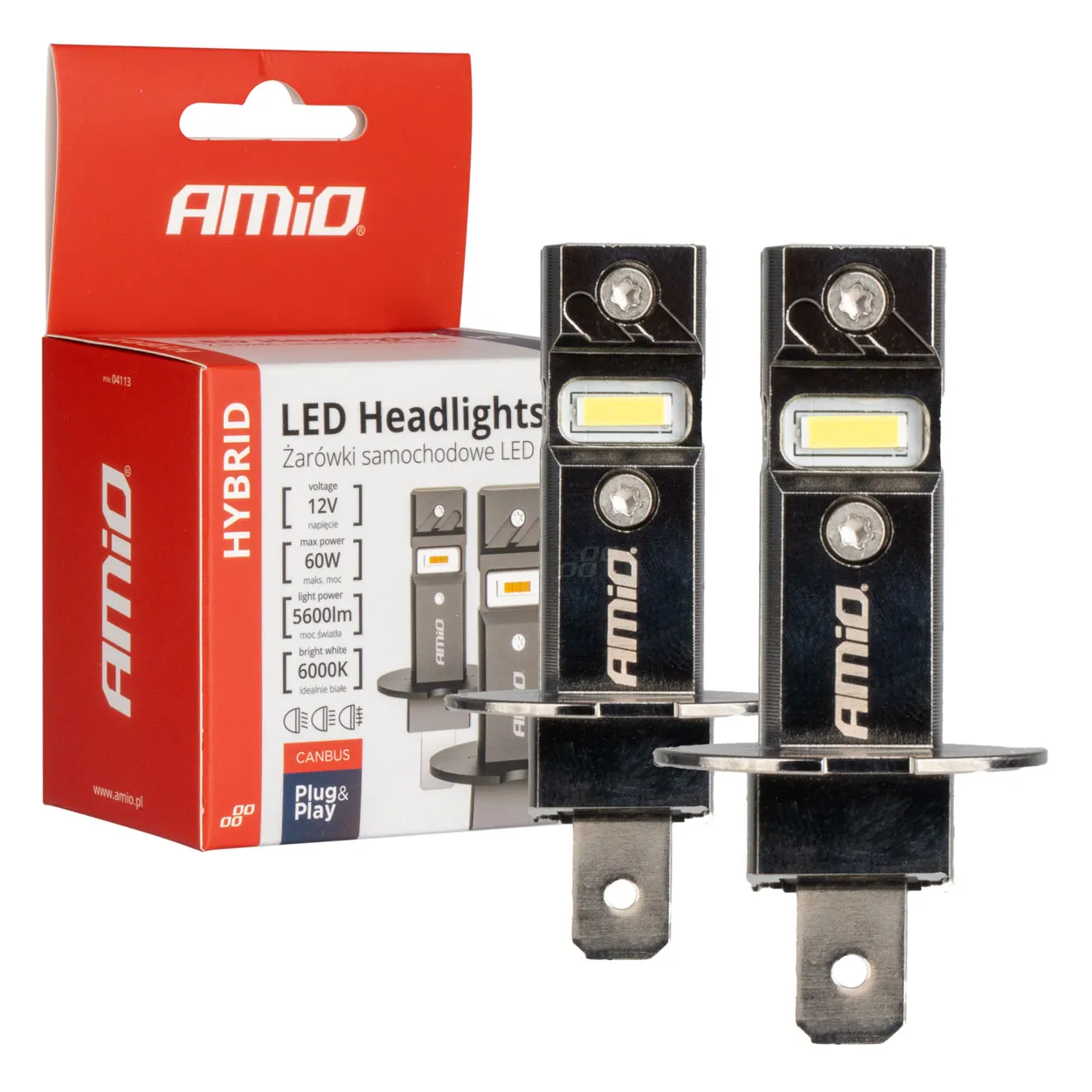 LED Pære H3 AMiO Hybrid Series CSP Chip LED 6000K │ CANbus Plug&Play EasyFit  - sett 2 stk.