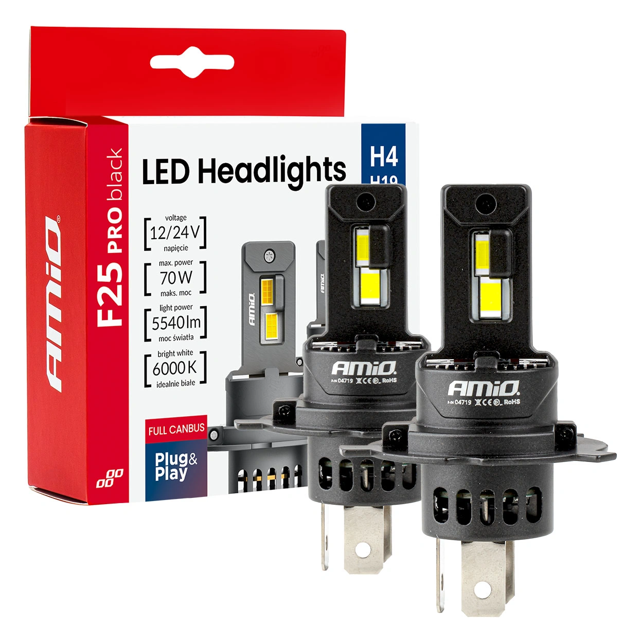 LED Pære H4 / H19 Amio F25 Pro Black Series 6000K │ Full CANbus Plug&Play EasyFit 70W - 5540 lm  - sett 2 stk.
