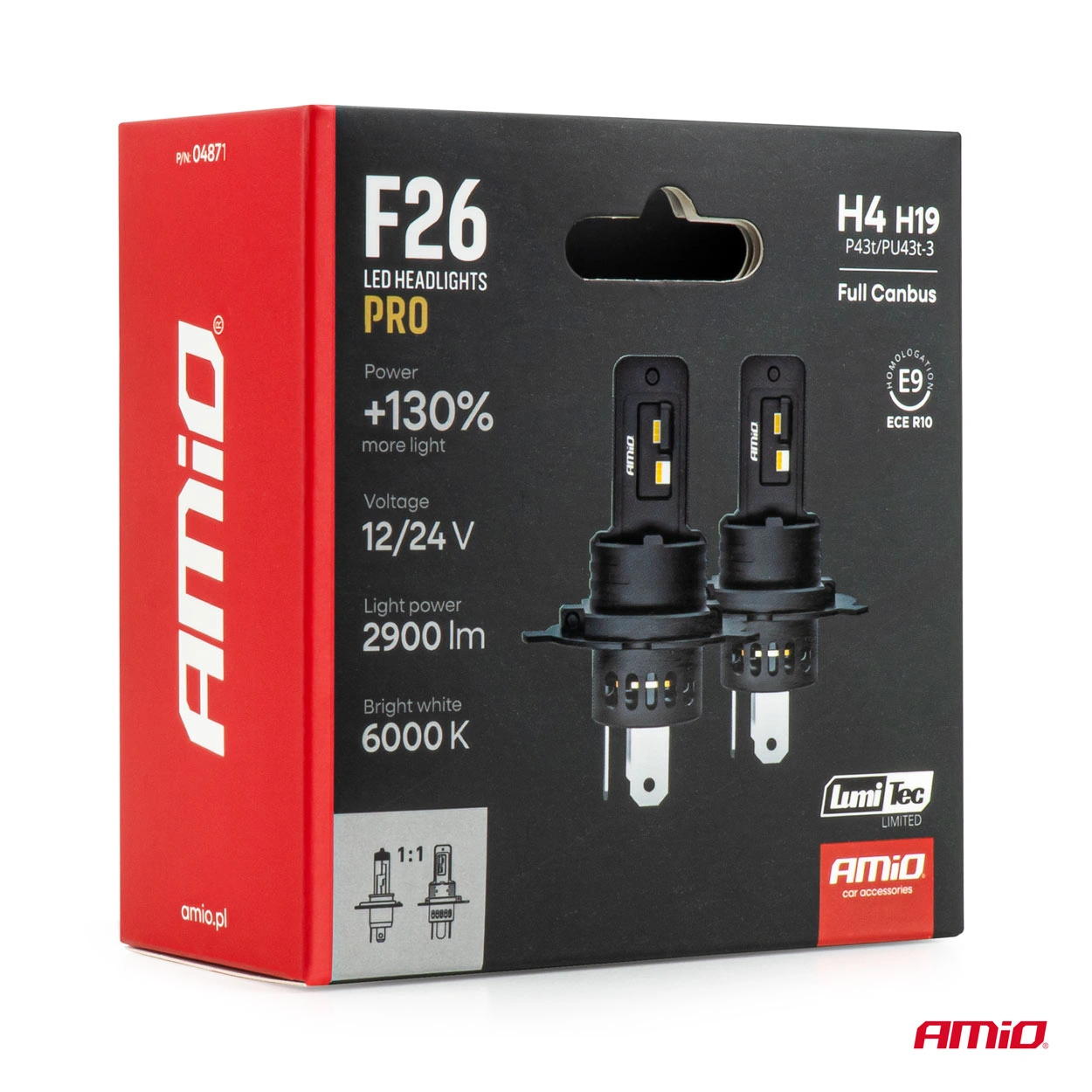 LED Pære H4 / H19 Amio F26 Pro LumiTec LIMITED +130% DUO 6000K │ Full CANbus Plug&Play 70W  - sett 2 stk. – bilde 7
