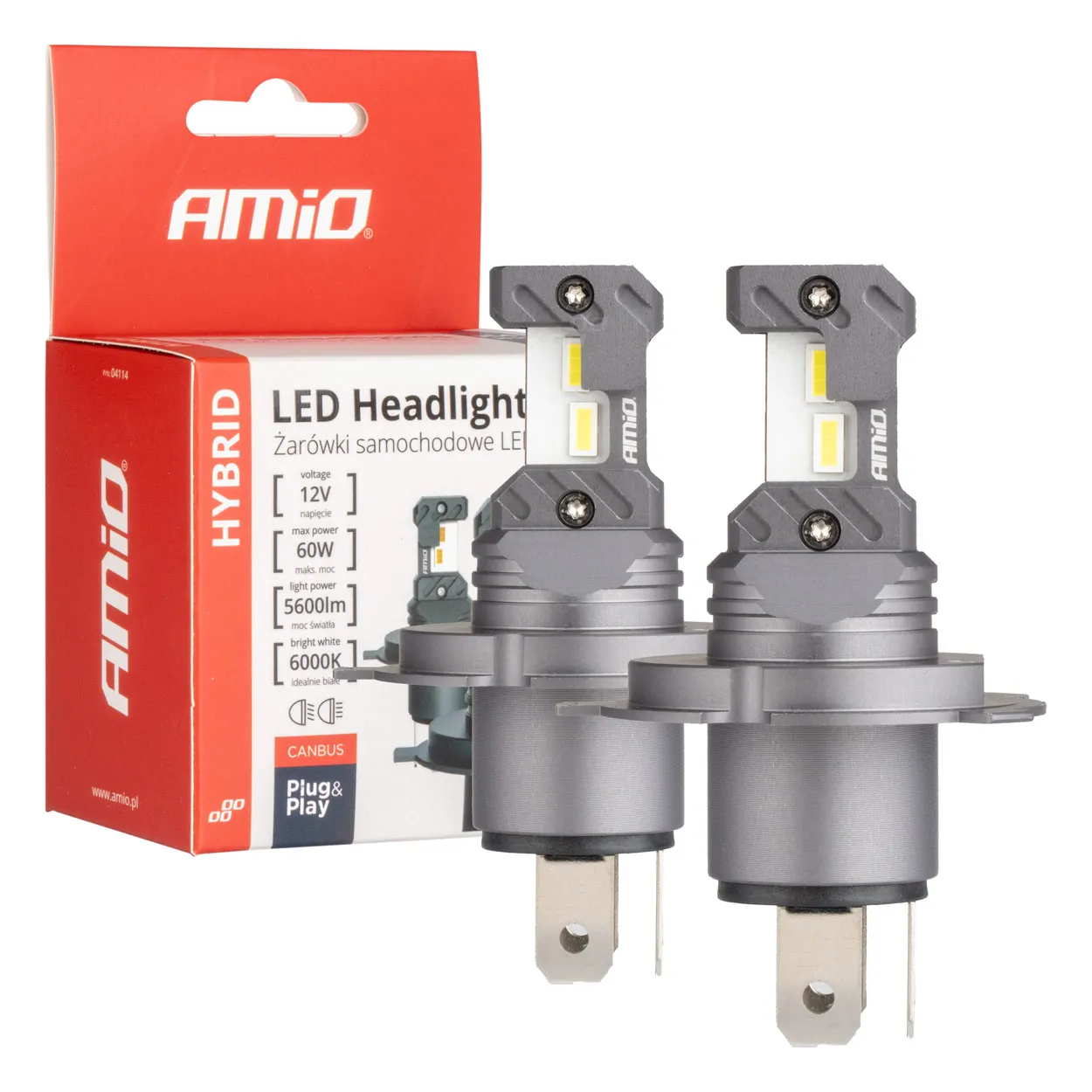LED Pære H4 / H19 AMiO Hybrid Series CSP Chip LED 6000K │ CANbus Plug&Play EasyFit  - sett 2 stk.