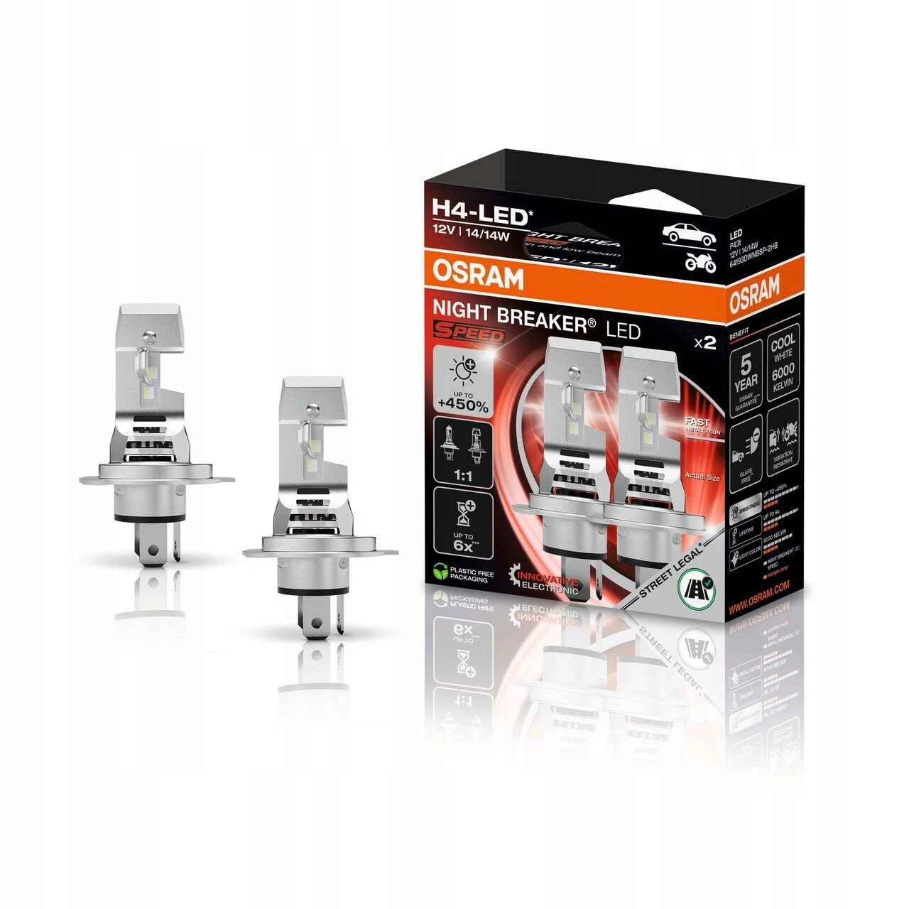LED Pære H4 Osram Night Breaker LED Speed + 450% │ ECE R112 - Godkjent - CANbus Plug&Play EasyFit  - sett 2 stk.