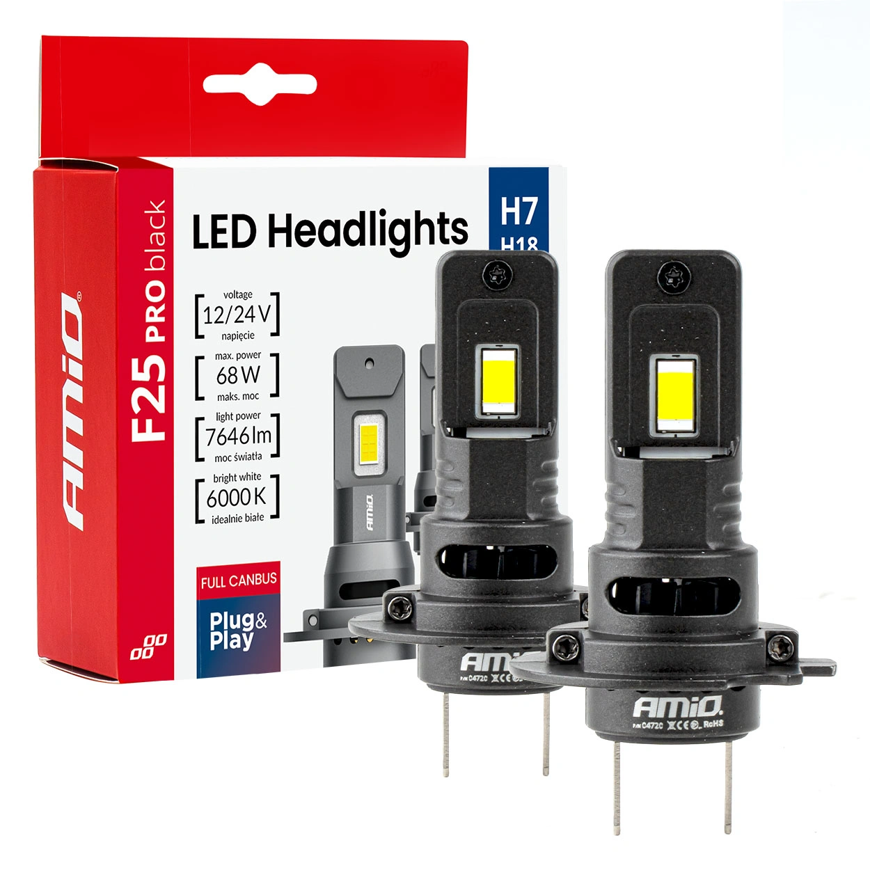 LED Pære H7 Amio F25 Pro Black Series 6000K │ Full CANbus Plug&Play EasyFit 68W - 7646 lm  - sett 2 stk.