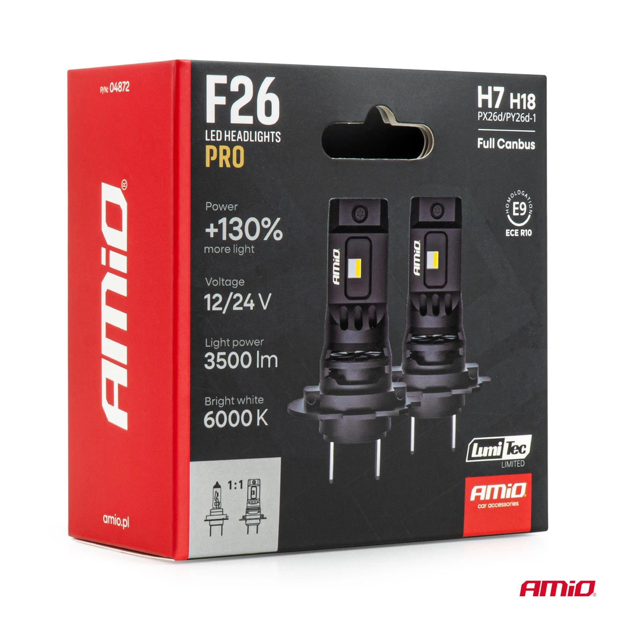 LED Pære H7 / H18 Amio F26 Pro LumiTec LIMITED +130% DUO 6000K │ Full CANbus Plug&Play 68W  - sett 2 stk. – bilde 7