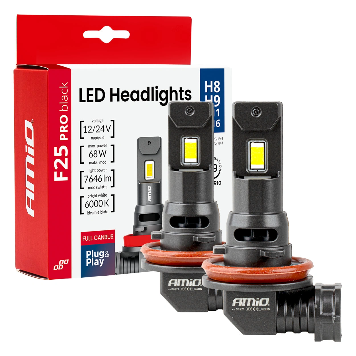 LED Pære H8 / H9 / H11 Amio F25 Pro Black Series 6000K │ Full CANbus Plug&Play EasyFit 68W - 7646 lm  - sett 2 stk.