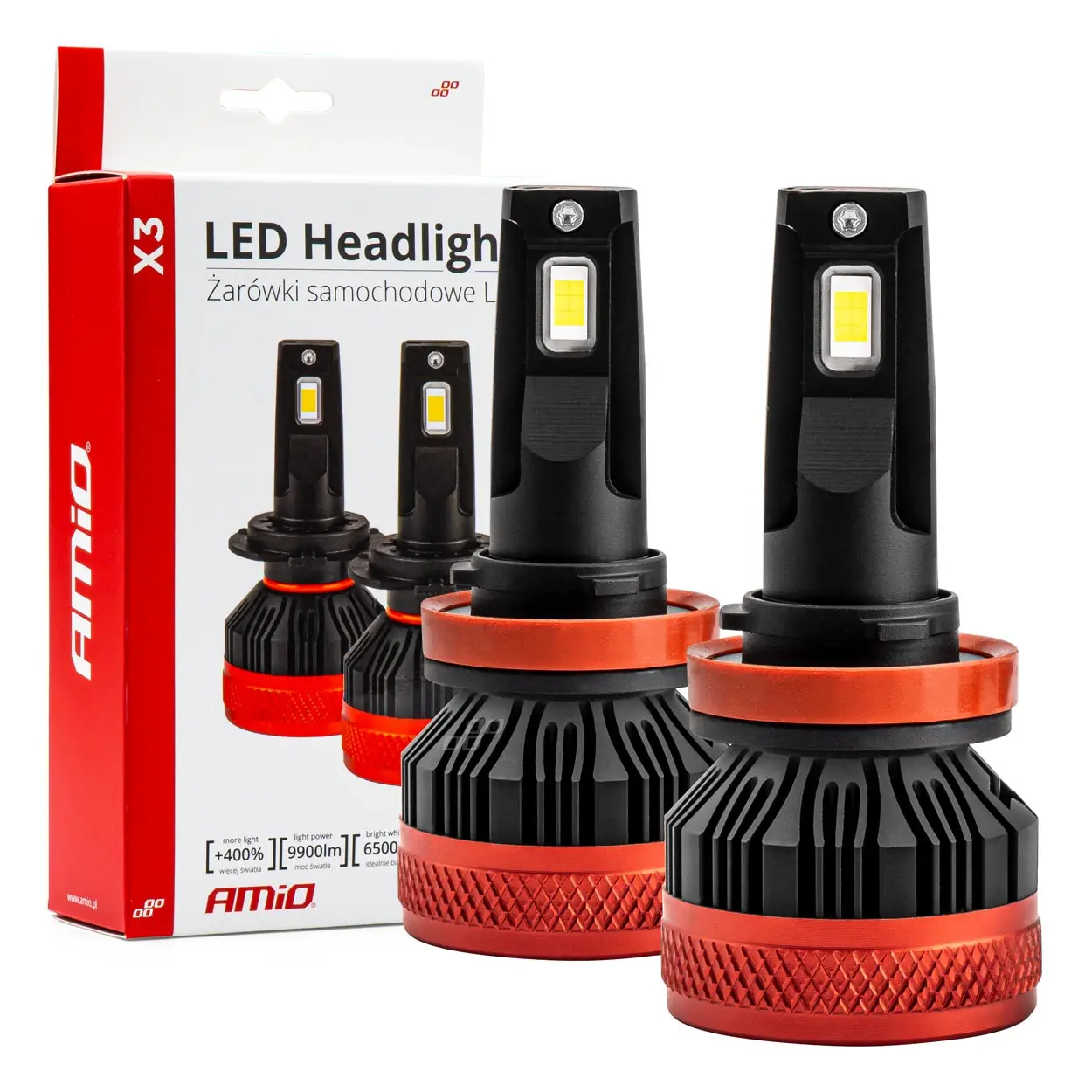 LED Pære H8 / H9 / H11 AMiO X3 Series +400% │ CANbus - sett 2 stk.