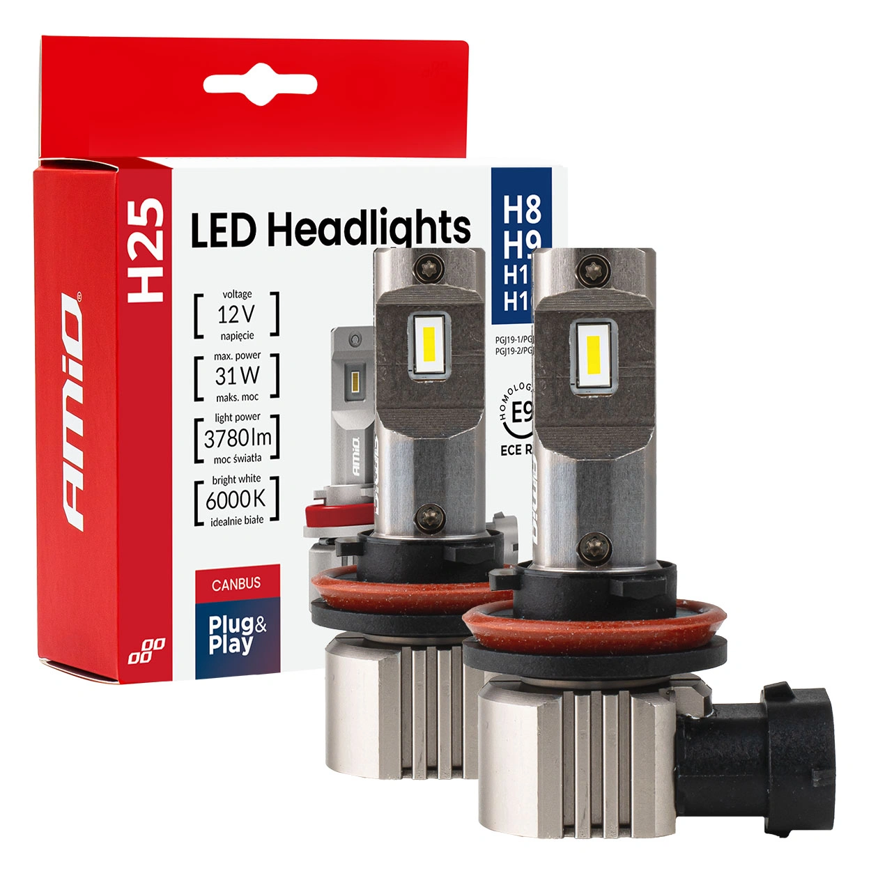 LED Pære H8 / H9 / H11 / H16 AMiO H25 Series CSP Chip LED 6000K │ CANbus Plug&Play EasyFit  - sett 2 stk.