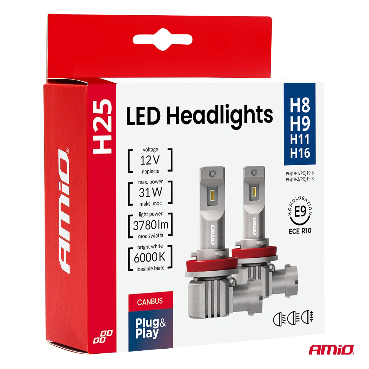 LED Pære H8 / H9 / H11 / H16 AMiO H25 Series CSP Chip LED 6000K │ CANbus Plug&Play EasyFit  - sett 2 stk. – bilde 10