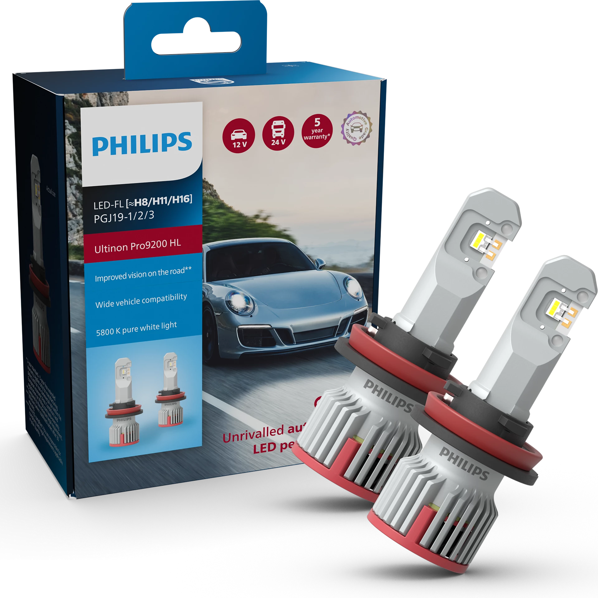 LED Pære H8 H9 H11 H16 Philips Ultinon Pro9200 HL +400% │ 5800 K - 1500 lm - sett 2 stk.