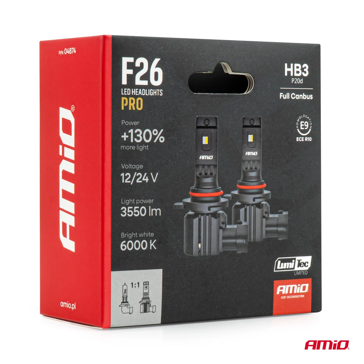 LED Pære HB3 Amio F26 Pro LumiTec LIMITED +130% DUO 6000K │ Full CANbus Plug&Play 68W  - sett 2 stk. – bilde 7