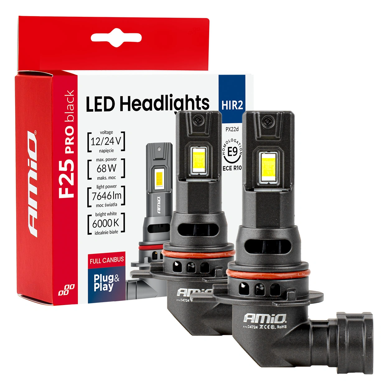 LED Pære HIR2 Amio F25 Pro Black Series 6000K │ Full CANbus Plug&Play EasyFit 68W - 7646 lm  - sett 2 stk.