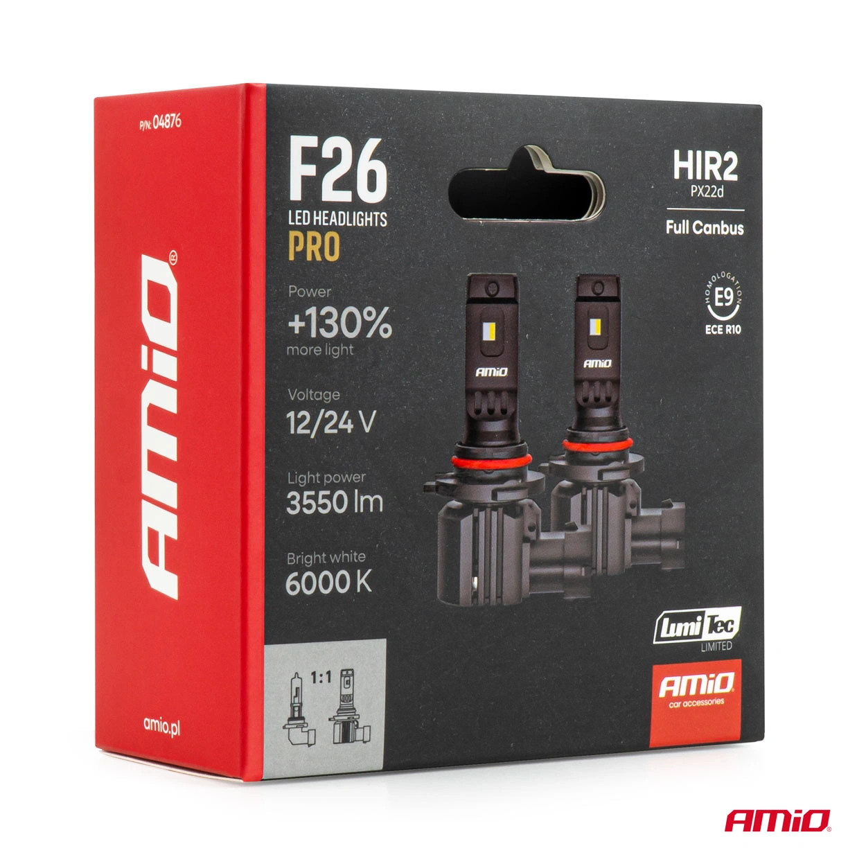 LED Pære HIR2 Amio F26 Pro LumiTec LIMITED +130% DUO 6000K │ Full CANbus Plug&Play 68W  - sett 2 stk. – bilde 7