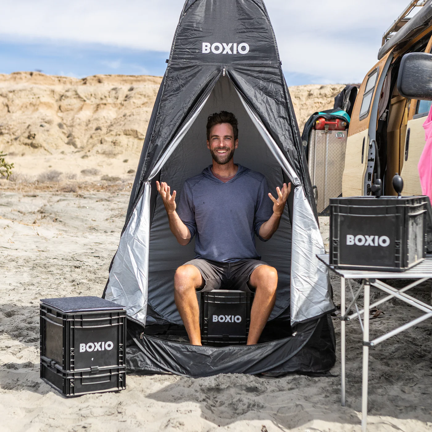 Mobilbad BOXIO SANITARY PLUS │ portabelt bad med toalett, vask og telt