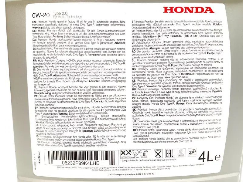 Motorolje 0W-20 Honda Type 2.0 │ Genuine® Fully Synthetic Engine Oil - 4L Image 3
