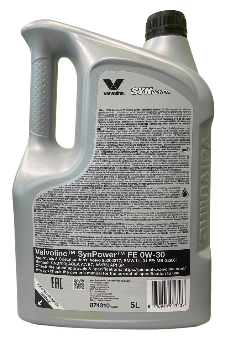 Motorolje 0W-30 Valvoline SynPower FE │ MB 229.6, BMW Longlife-01 FE, Volvo VCC 95200377, Renault RN0700 - 5L – bilde 2