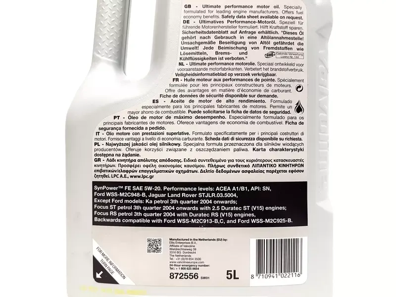 Motorolje 5W-20 Valvoline  Synpower FE C5 │ Synthetic Engine Oil - 5L – bilde 2
