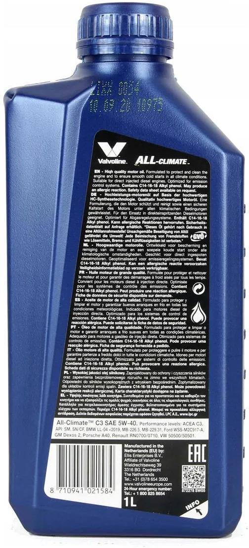 Motorolje 5W-40 Valvoline All Climate C3 │ Diesel Full Sysnthetic Engine Oil - 1L Image 3